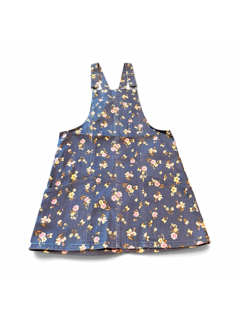 No Boundaries Girls Blue Floral Denim Overall Dress Sleeveless Square Neck L
